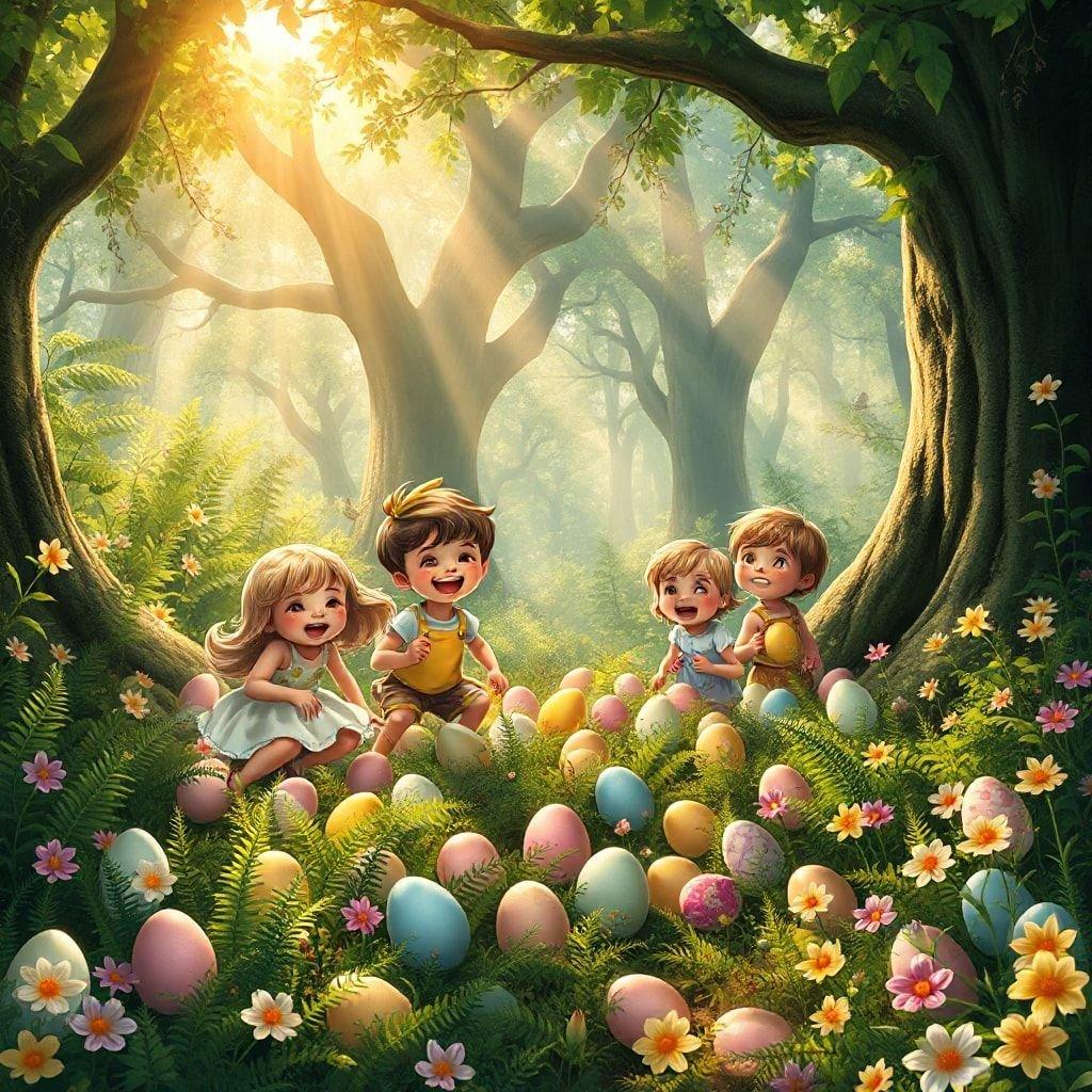 This vibrant wallpaper captures the essence of Easter, featuring children in a forest filled with colorful eggs and flowers. The image exudes a sense of joy and celebration, perfect for the holiday season.