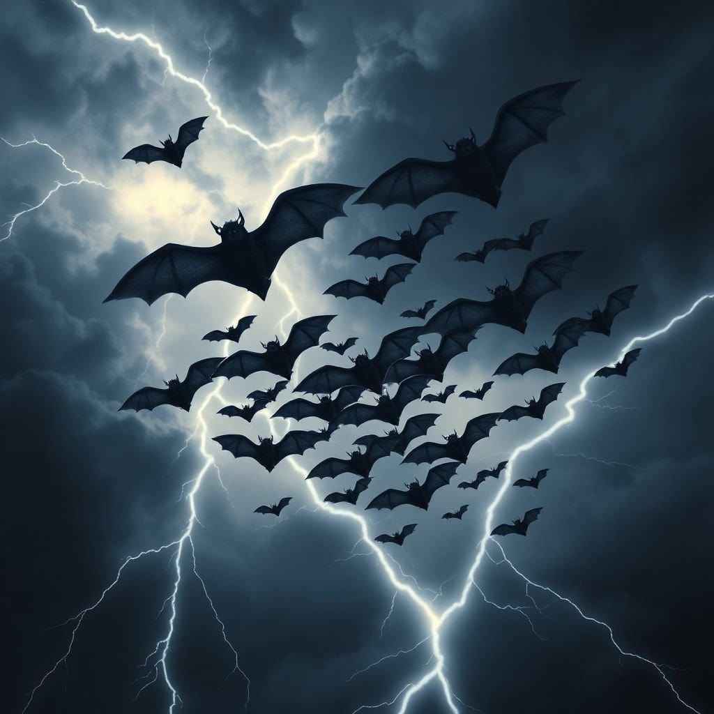 This spooky Halloween wallpaper features a flock of bats flying in the storm, creating a thrilling and eerie atmosphere.