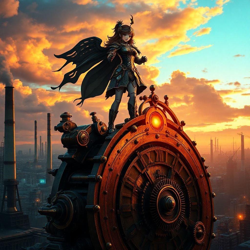 This image features a steampunk anime character standing on top of a large, steampunk-style engine in a post-apocalyptic cityscape. The character has long, flowing hair and is dressed in a dark, ornate outfit with a large cape flowing behind her. She is standing on top of a large, circular engine with gears and cogs visible inside. The engine is made of metal and has a reddish-brown color. The background of the image is a post-apocalyptic cityscape with tall buildings and smokestacks visible in the distance. The sky is a deep orange and yellow, suggesting that the sun is setting or rising.