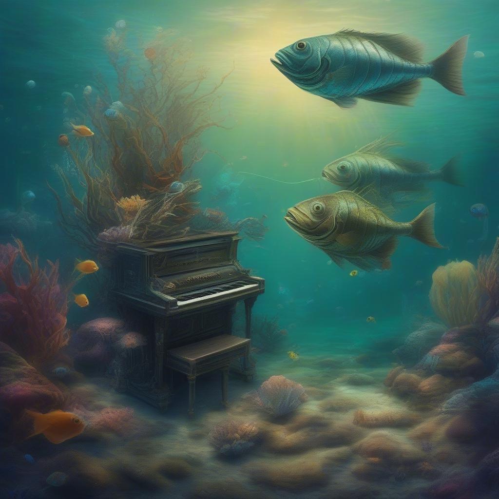 A serene scene of marine life under the surface, where fish playfully surround an abandoned piano in the deep sea. A snapshot of beauty and tranquility that might as well be a symphony to those who love music and nature.