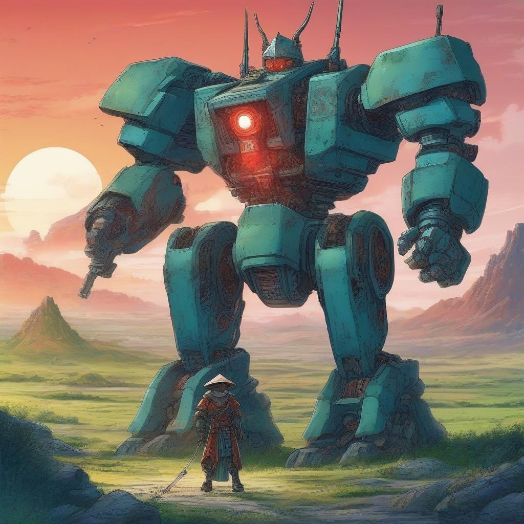 Get ready to immerse yourself in the world of anime with this stunning wallpaper featuring a robot samurai battling a giant mech in a desolate landscape. The robot's glowing red head and wide-brimmed hat make it a standout character, while the blues and greens of the scene evoke a sense of motion and energy.