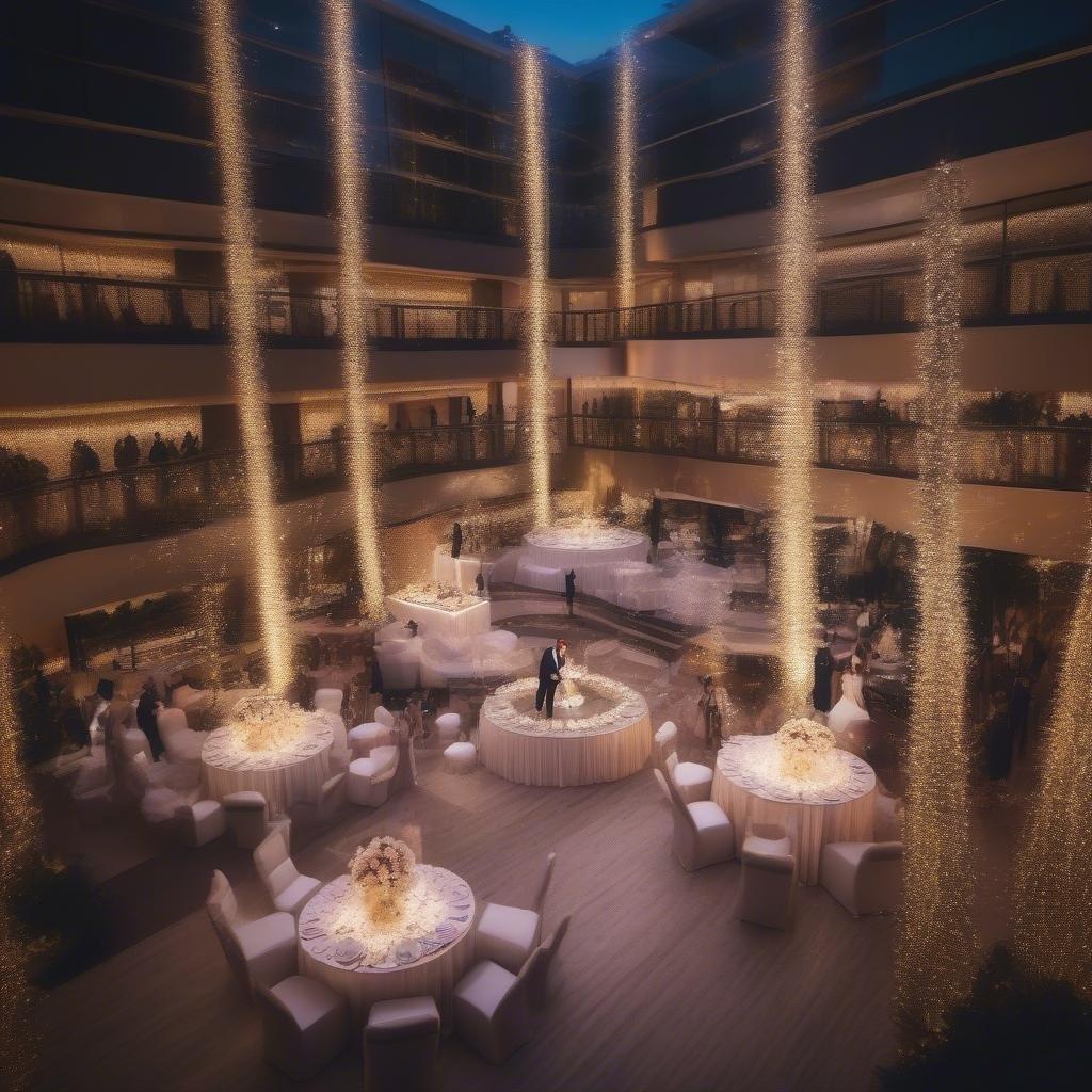 This image captures the joy and celebration of a wedding reception, with a beautifully decorated room and a stunning fountain in the background. The atmosphere is lively and festive, with the happy couple and their guests enjoying the moment.