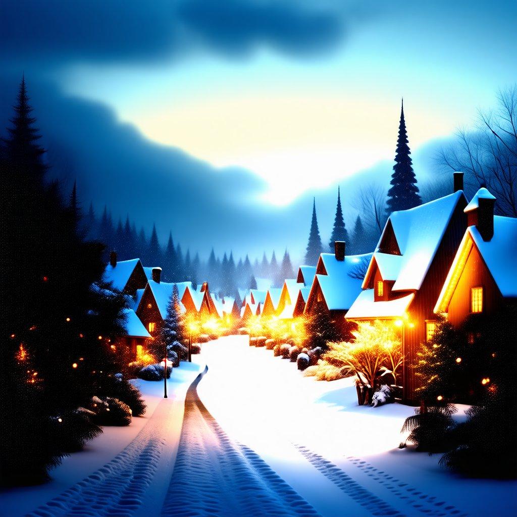 A cozy village scene at night during Christmas, with snowy streets and festive lights on the houses.