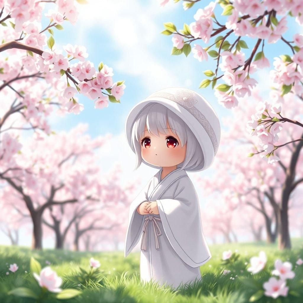 Immerse yourself in the serene beauty of this anime-inspired wallpaper, featuring a gentle tsukumogami doll amidst blooming cherry blossom trees. The soft blue sky in the background adds depth to the tranquil scene, perfect for desktop and mobile use.