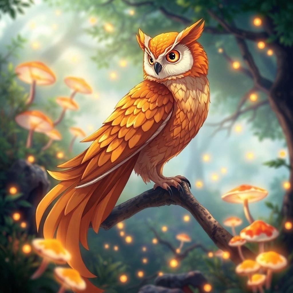 This anime illustration captures a serene moment of a large owl in a magical forest, surrounded by glowing mushrooms and fireflies. The owl's vibrant orange and yellow body, with its long tail, is the focal point, while the blurred background emphasizes the owl's dynamic movement.