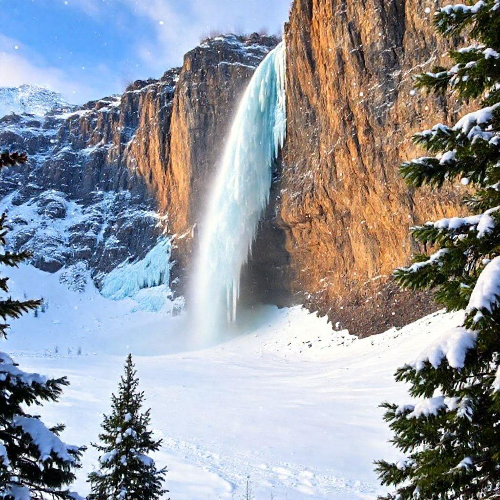 A frozen waterfall in winter, with the cool crispness of an alpine retreat. A serene moment captured in time.