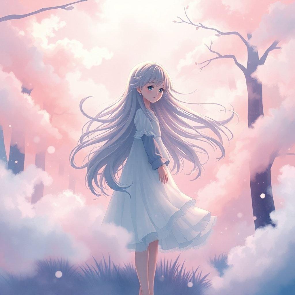 A captivating anime girl stands amidst a dreamlike forest, surrounded by swirling clouds of pastel colors. Her hair flows like a waterfall, adding movement to the scene. The background, a blend of soft pinks and blues, adds depth and ethereal beauty.