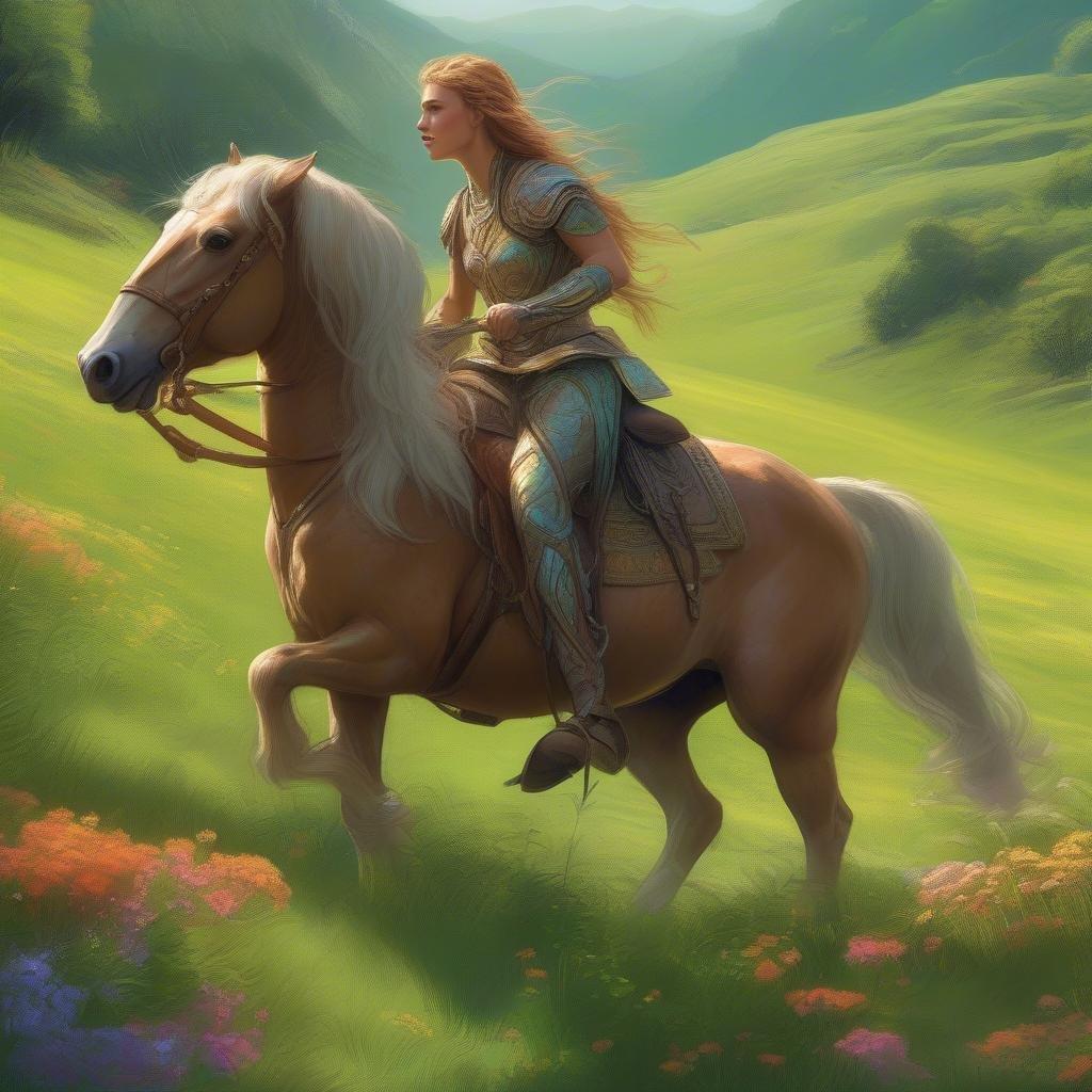 This stunning wallpaper features a fantasy warrior riding a majestic horse through a lush green field, surrounded by rolling hills and mountains in the distance. The warrior's armor and the horse's flowing mane create a sense of movement and energy, while the serene landscape provides a beautiful backdrop.