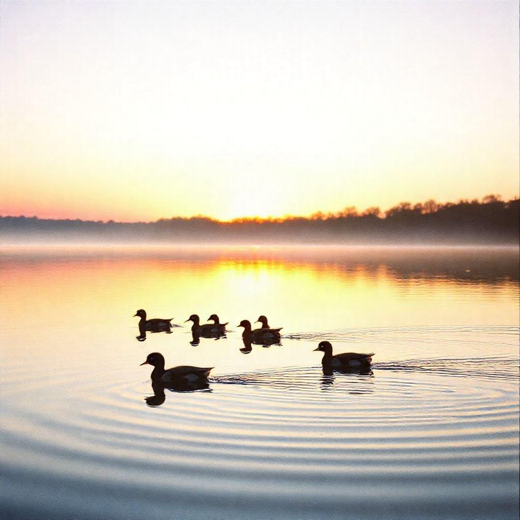 A serene scene of ducklings swimming in a pond as the sun goes down, casting warm hues on the water's surface. A tranquil moment of nature captured. Great for desktop or mobile wallpaper.