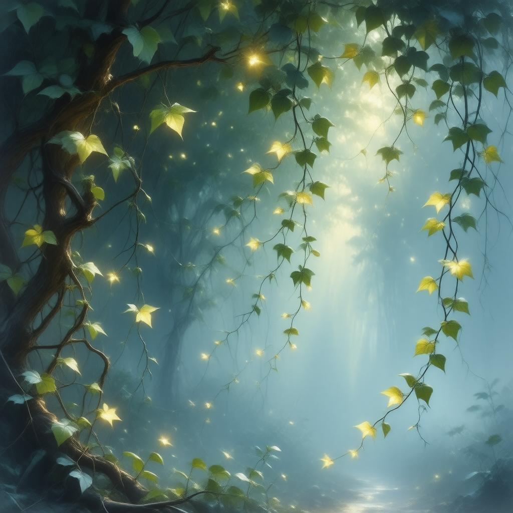 Immerse yourself in the tranquil beauty of this anime-inspired wallpaper, where vines with glowing leaves sway gently in the breeze, set against a backdrop of soft, warm light.