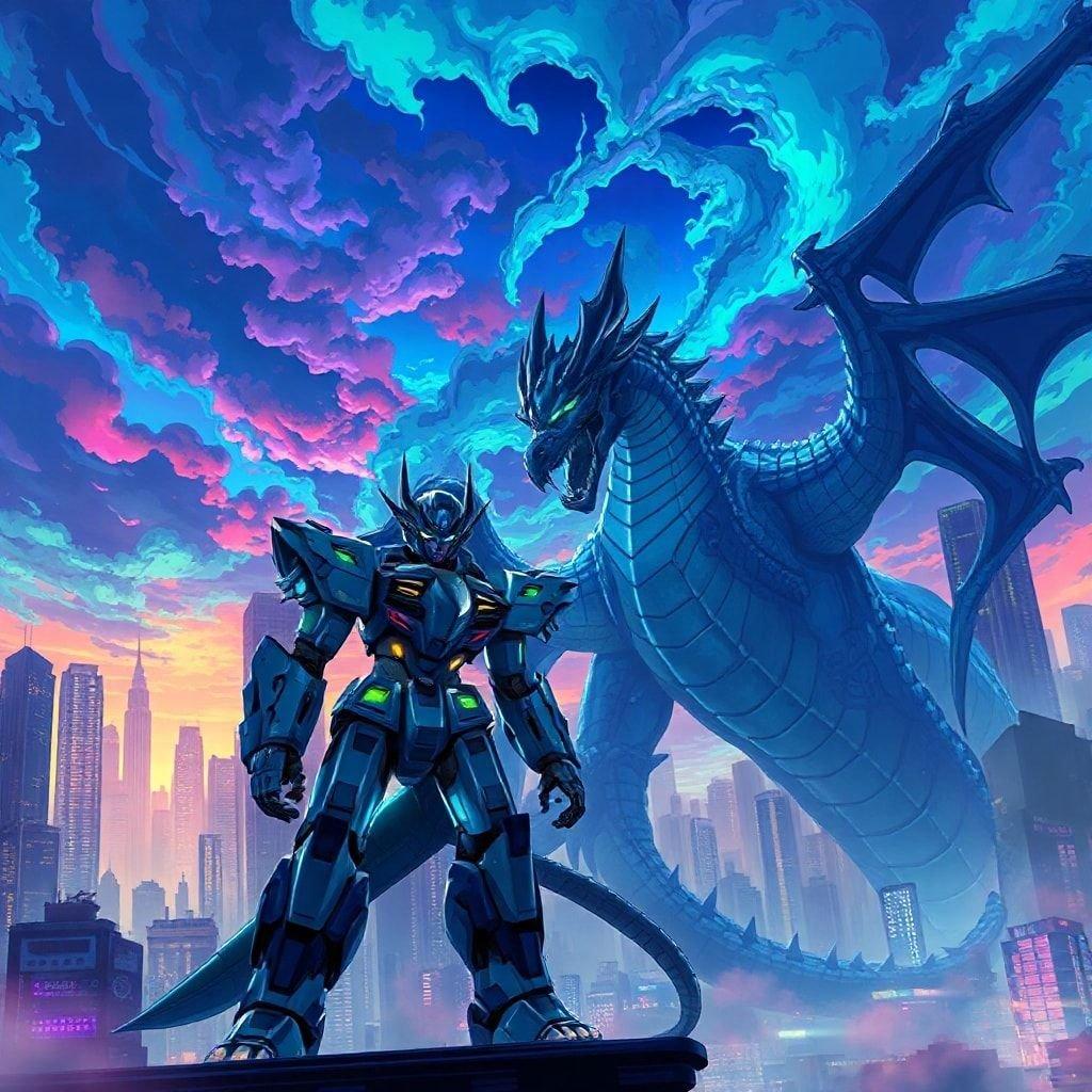 Entra in un mondo di battaglie epiche e paesaggi futuristici con questo affascinante sfondo anime. Un mecha si erge forte contro un maestoso drago, sullo sfondo di una metropoli distopica. I colori vivaci e i dettagli intricati danno vita a questa scena, invitandoti a esplorare i misteri di questo mondo fantastico.