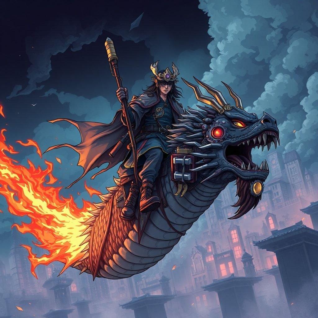 En steampunk-samurai på en mekanisk drake svävar genom en urban skyline. De intrikata detaljerna och den atmosfäriska känslan ger en mystisk, högenergisk känsla.