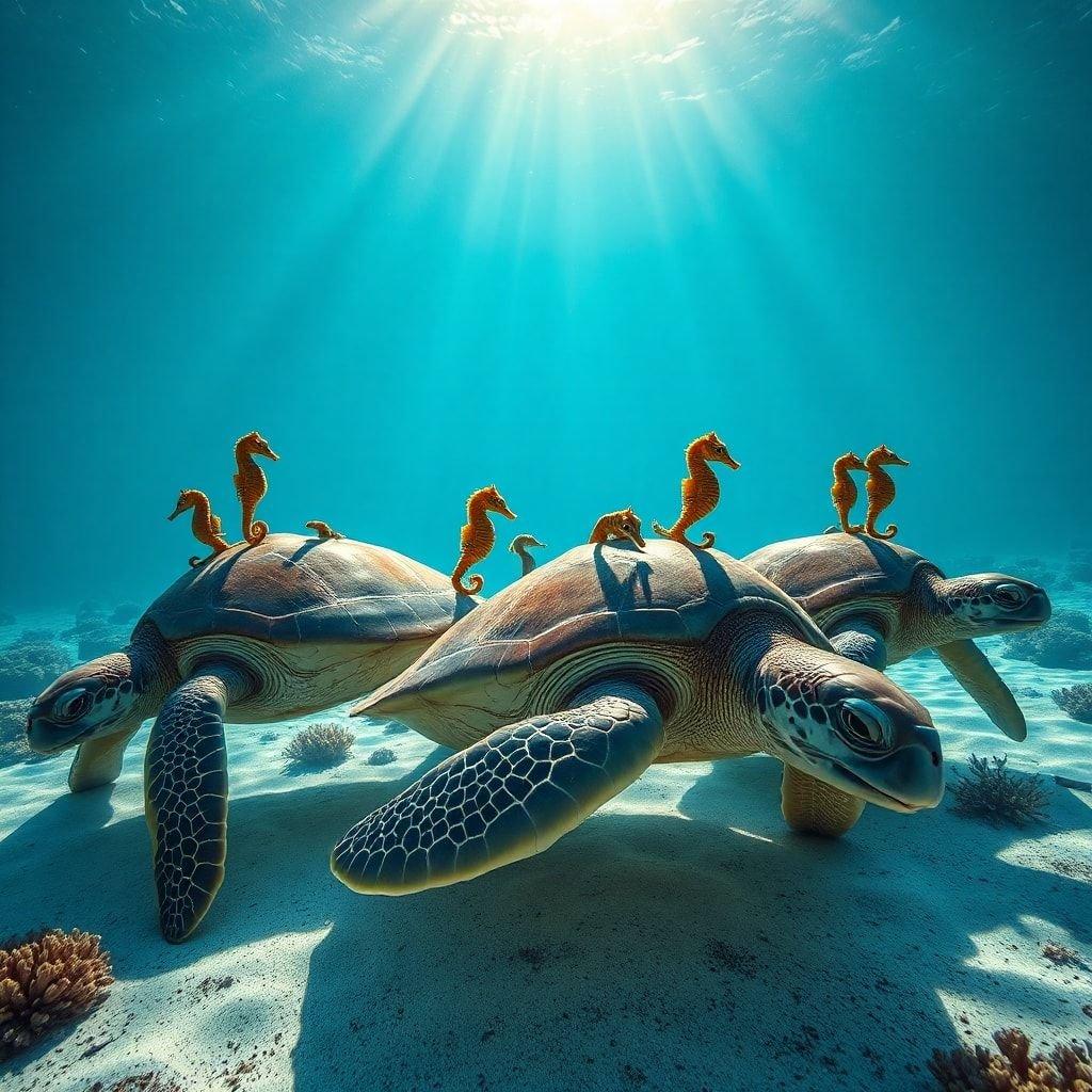 Una escena submarina caprichosa con tres tortugas, cada una llevando un caballito de mar en su espalda. Los caballitos de mar parecen disfrutar del paseo mientras nadan juntos. Esta imagen sería un fondo de pantalla encantador para cualquiera que ame la vida marina o las aventuras acuáticas imaginativas.