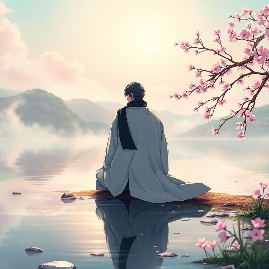 A serene anime-style scene featuring a samurai, dressed in traditional robes, sitting on the shore of a calm lake. The misty background adds a sense of mystery and tranquility to the image.