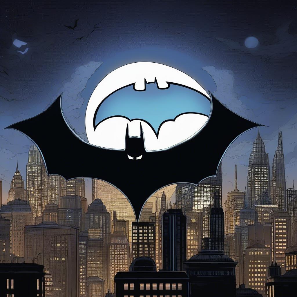 The iconic superhero, Batman, stands tall against the city skyline. This wallpaper is perfect for a desktop or mobile device with its dynamic background and heroic theme.