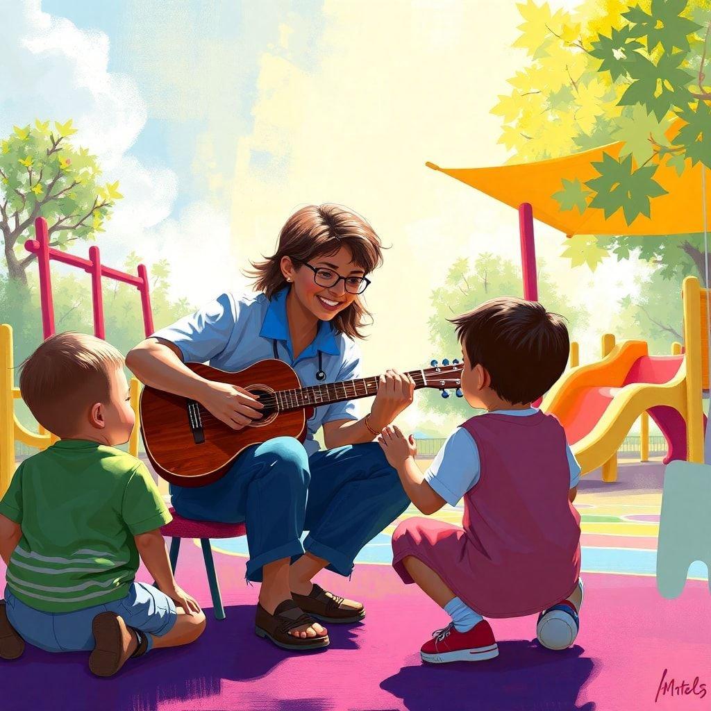 A friendly scene where a young boy plays guitar for two children, possibly a family gathering or an outdoor music lesson. A lively and happy atmosphere is conveyed.