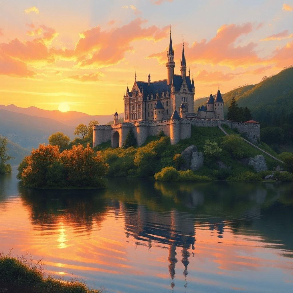 Enchanted palace glowing against an orange sky, with reflections in tranquil water. Ideal wallpaper for desktop and mobile.