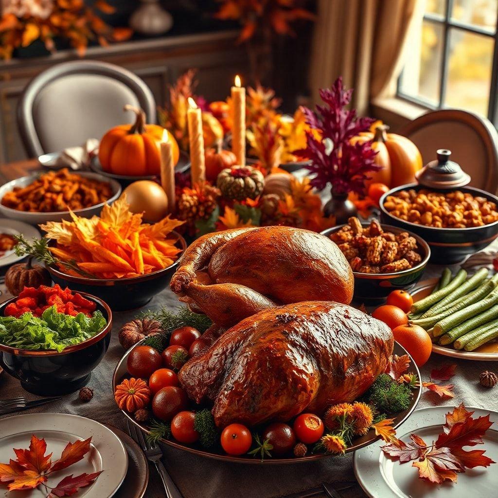 A festive table laden with the traditional foods of fall. A bountiful harvest of turkey, stuffing, vegetables and all the trimmings that bring families together for a warm and savory celebration.