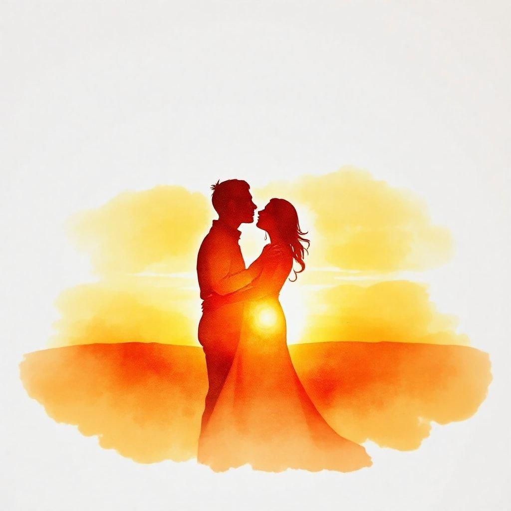 A romantic illustration capturing the warmth and love of a couple at sunset, perfect for a wedding or anniversary celebration.