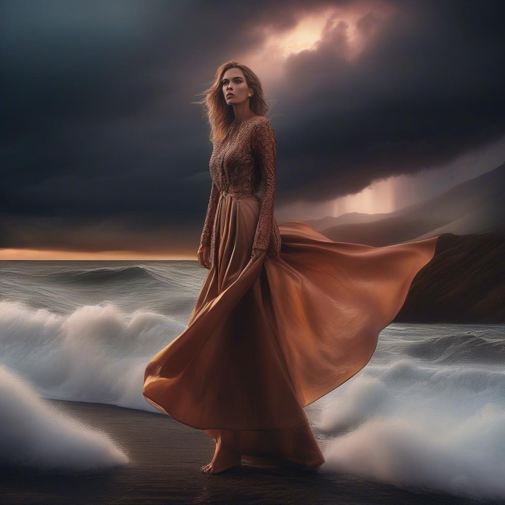 A model strolling along the shoreline at sunset, with a romantic dress that flows in the breeze. The image evokes a sense of serenity and the beauty of coastal living.