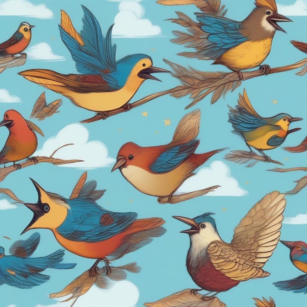 A delightful scene of colorful birds perched on branches, surrounded by a whimsical sky full of fluffy clouds. This wallpaper is perfect for anyone who loves nature and wants to bring a touch of the outdoors into their digital space.