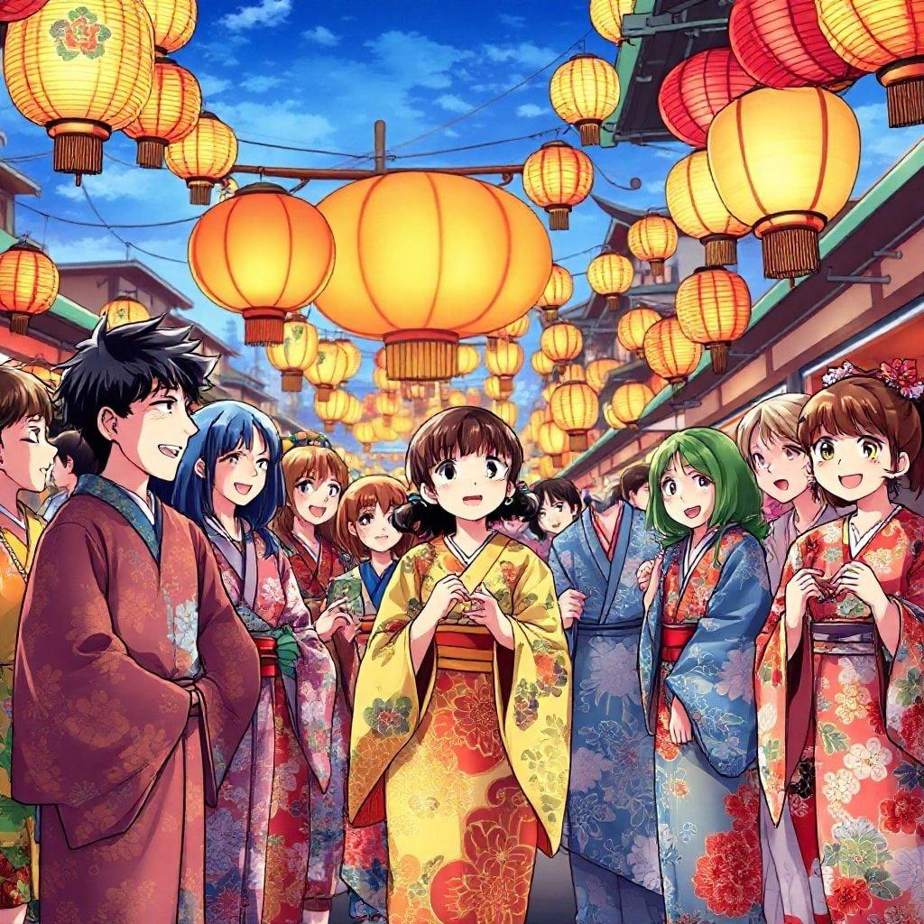 Diese detaillierte Anime-Illustration fängt die lebendige Atmosphäre eines traditionellen japanischen Festivals ein. Die Menge ist mit Menschen gefüllt, die in bunten Yukatas gekleidet sind und unter lebhaften Laternen stehen, die zur festlichen Stimmung beitragen. Das Bild vermittelt ein Gefühl von Gemeinschaft und Feier, typisch für solche Veranstaltungen.