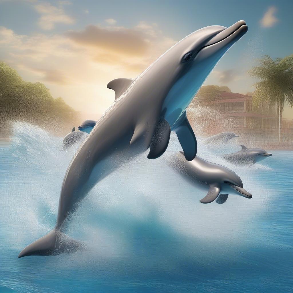 The joyful scene of dolphins leaping over the water under the warm sun, perfect for a peaceful desktop or mobile wallpaper.