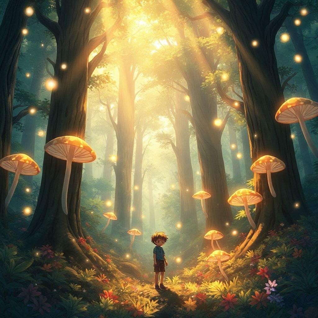 Un'illustrazione anime affascinante del viaggio di un giovane attraverso una foresta mistica, dove funghi eterei e luci tessono una storia incantevole.