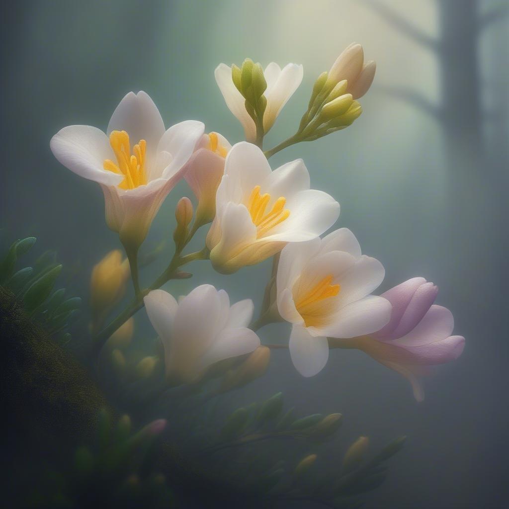 A serene forest scene featuring blooming yellow flowers that add a warm hue to the misty atmosphere. Perfect for a calming desktop or mobile wallpaper.