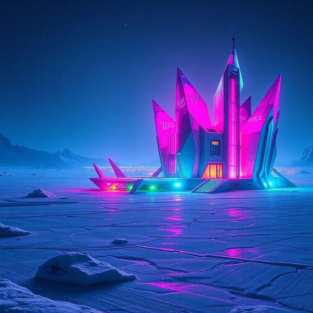 Immerse yourself in the fantastical world of this pink, futuristic castle. Perched atop a frozen ocean under a starry sky, it's a sci-fi wonder that seems to be straight out of a storybook.