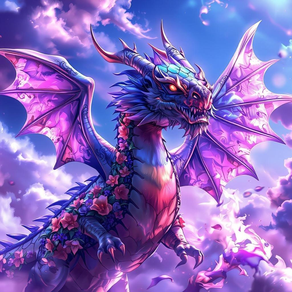 Immerse yourself in the vibrant world of anime with this stunning dragon wallpaper, featuring a majestic creature with a body adorned with blooming flowers, set against a backdrop of a rainbow-colored sky.