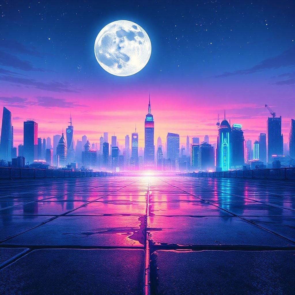 Sumérgete en el vibrante mundo del anime con este impresionante fondo de pantalla de paisaje urbano. La metrópolis futurista cobra vida al anochecer, con luces de neón reflejándose en el pavimento mojado y una gran luna y estrellas que añaden a la atmósfera mística. Los edificios distantes crean profundidad, mientras que la ilustración captura un momento de tranquilidad, invitándote a explorar la atmósfera similar al anime.