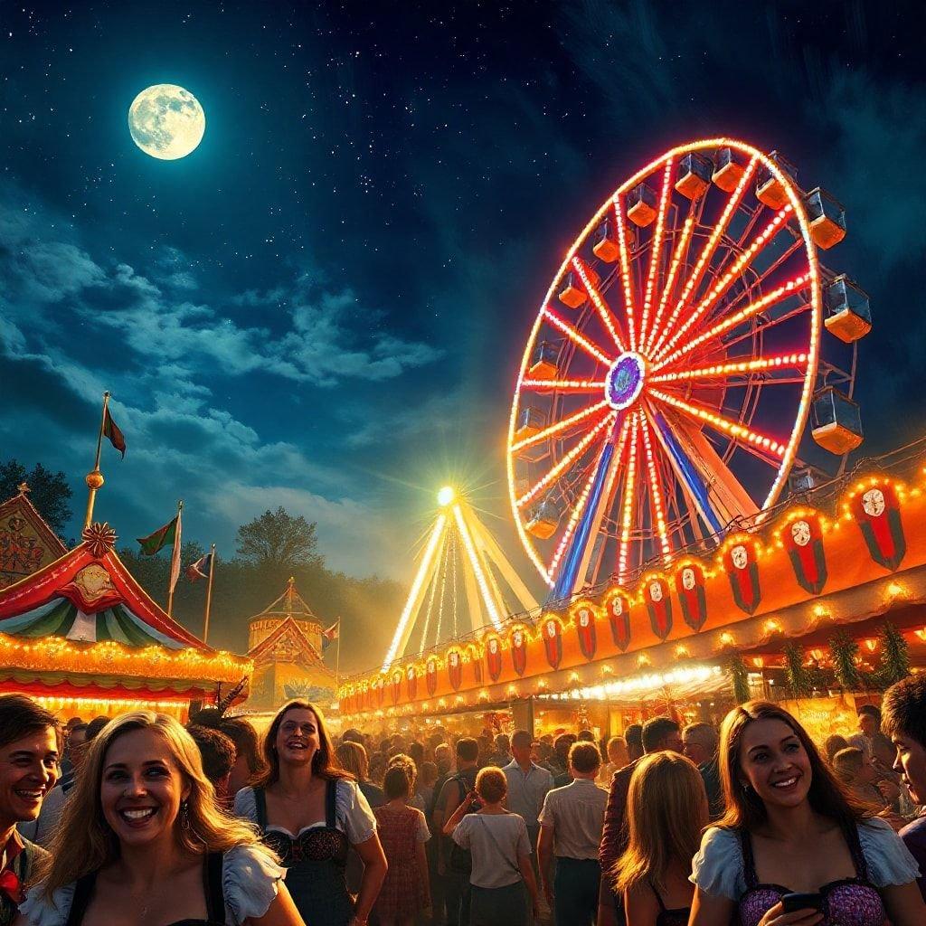 A lively night at an amusement park, filled with the excitement and joy of fair rides, music, and laughter. The glowing lights and crowds create a festive atmosphere perfect for your desktop wallpaper.