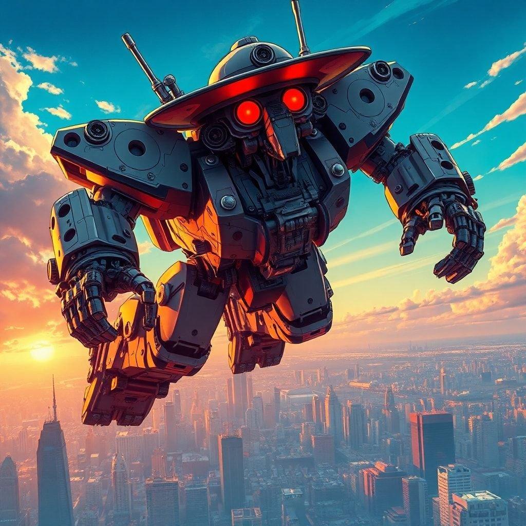 An intricately designed mecha robot with steampunk elements and glowing red eyes, soaring through the sky above a bustling cityscape.