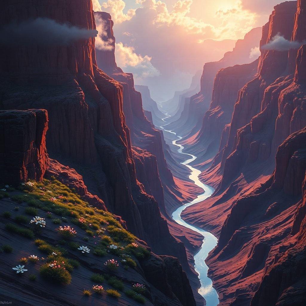 Experience the breathtaking beauty of a sunrise over the majestic Grand Canyon, with the winding Colorado River carving its way through the heart of the desert landscape.