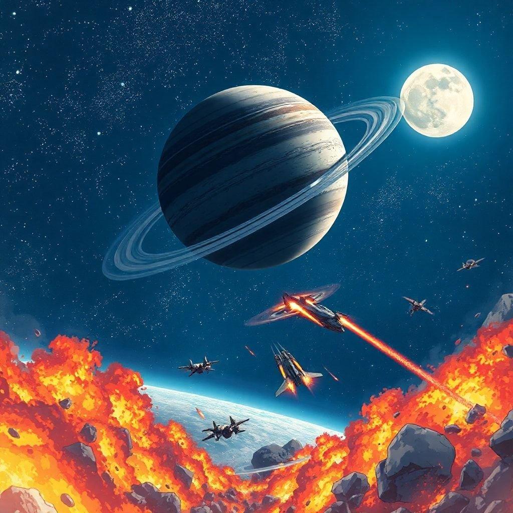 A space battle scene unfolds under the watchful eyes of two planets. Amidst the roaring fire in the foreground, smaller vehicles zip through the chaos. The backdrop is a breathtaking view of an epic landscape with distant stars and celestial bodies.