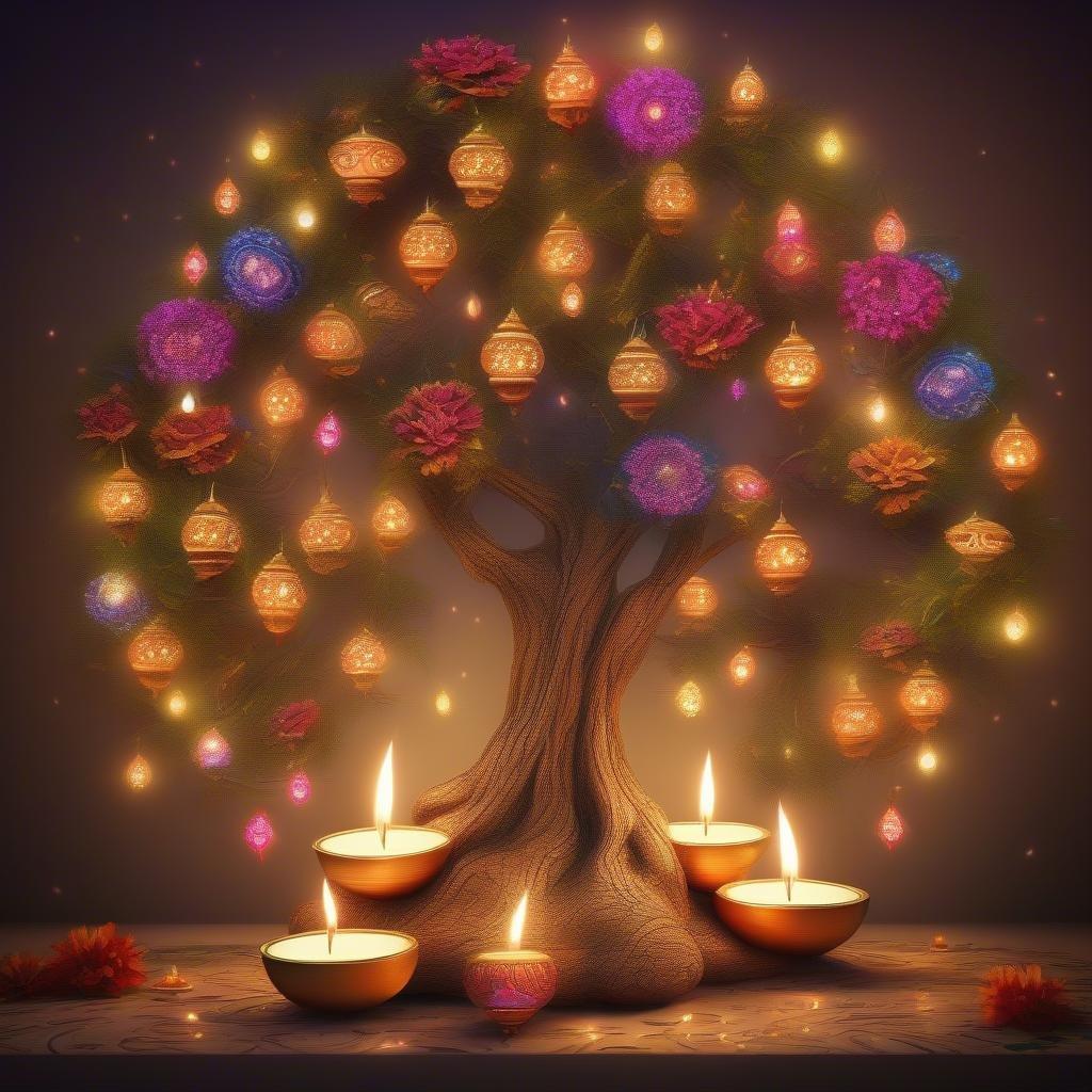 Celebrate the joyous spirit of Diwali with this glowing tree illuminated by candles and lanterns.