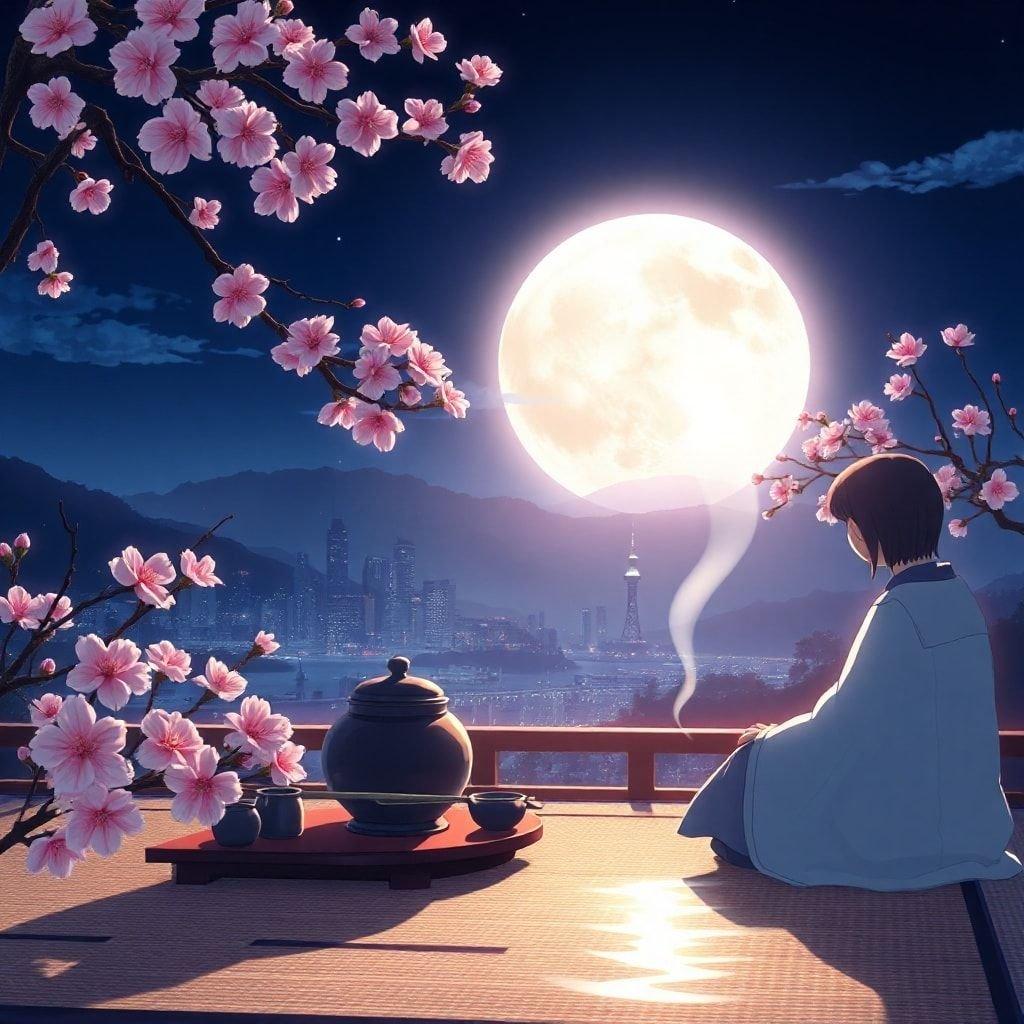 Sumérgete en la serena belleza de este fondo de pantalla de anime, donde se desarrolla una ceremonia del té bajo el resplandor radiante de una luna llena. La escena se establece contra un majestuoso horizonte japonés, con el reflejo de la luna proyectando un toque mágico sobre el fondo oscuro.