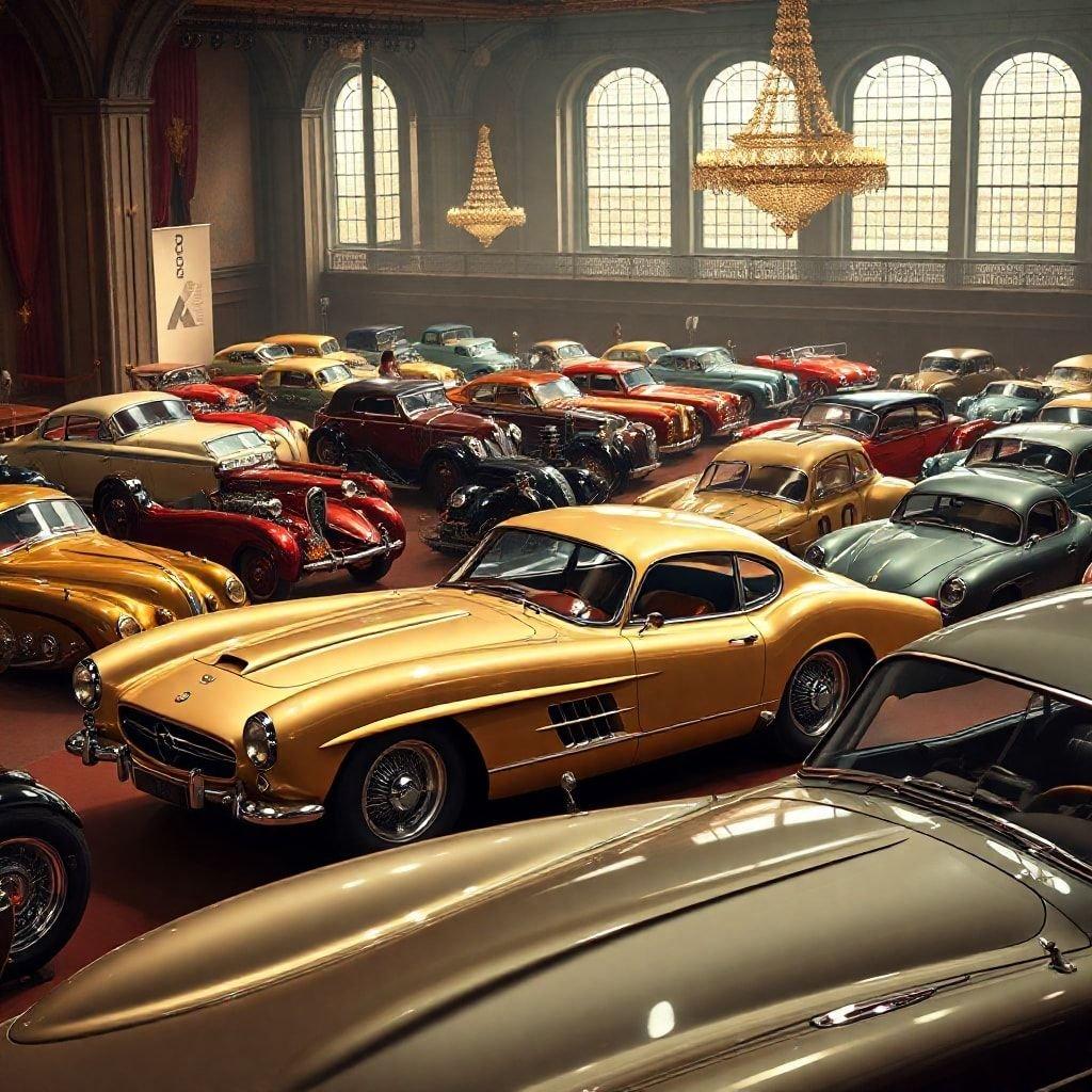 This stunning wallpaper showcases a meticulously curated collection of luxury cars, exuding elegance and sophistication. The image features a diverse array of high-end vehicles, each one a masterpiece of design and craftsmanship. The cars are displayed in a grand, opulent setting, complete with ornate chandeliers and lavish furnishings, creating a truly regal atmosphere. Whether you're a car enthusiast or simply appreciate the finer things in life, this wallpaper is sure to impress.