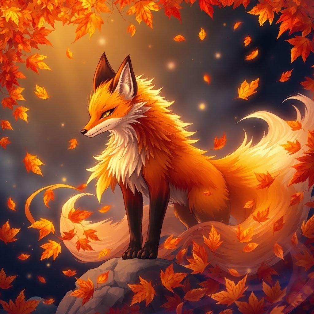 Immerse yourself in the enchanting world of anime with this captivating illustration of a fox spirit amidst swirling clouds of autumn leaves. The central figure, a fox with a vibrant orange and yellow coat, takes center stage, while the background seamlessly blends into the dark, mysterious atmosphere.