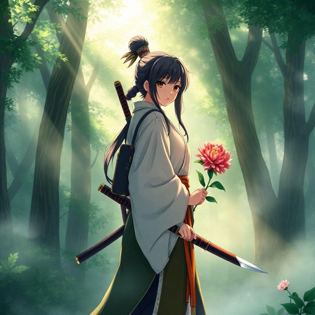 This anime-style wallpaper features a gentle warrior standing in a misty forest, holding a katana and a blooming chrysanthemum. The warrior's head is turned to the left, adding a sense of scale to the serene scene.