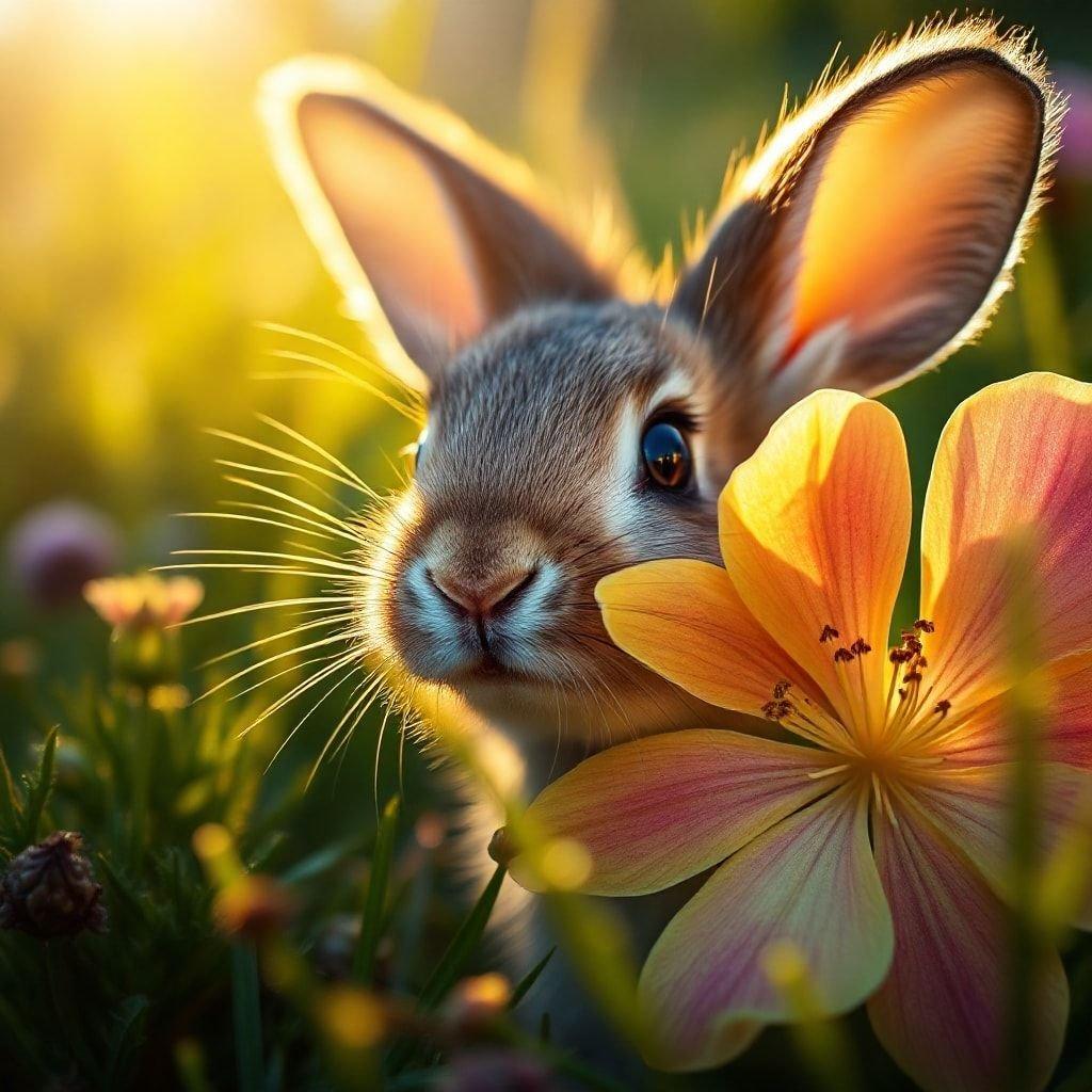 Este adorável coelhinho está desfrutando de um dia ensolarado no campo. Veja seu rostinho fofo se iluminar de curiosidade enquanto cheira as vibrantes flores silvestres que estão florescendo nas proximidades.