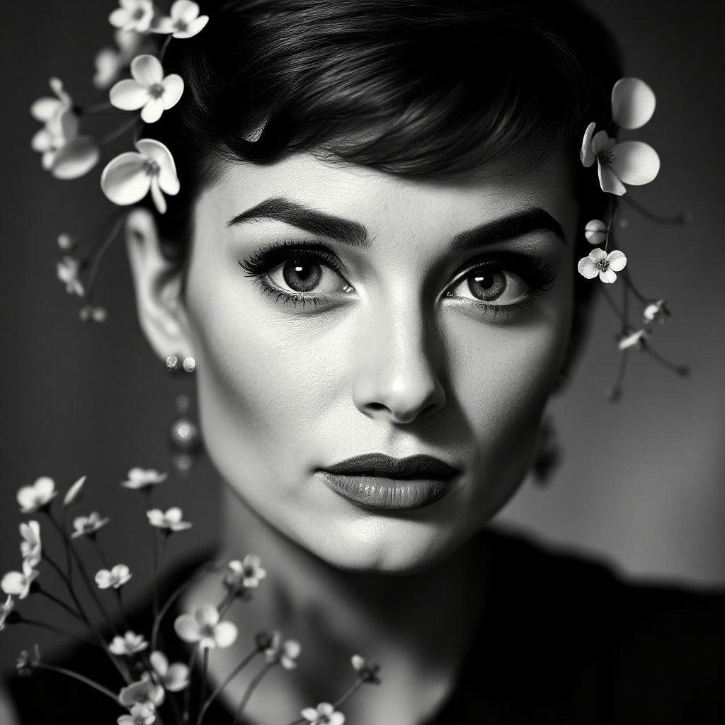 A stunning black and white portrait of Audrey Hepburn, the iconic actress and style icon, surrounded by delicate flowers that add a touch of elegance and sophistication.