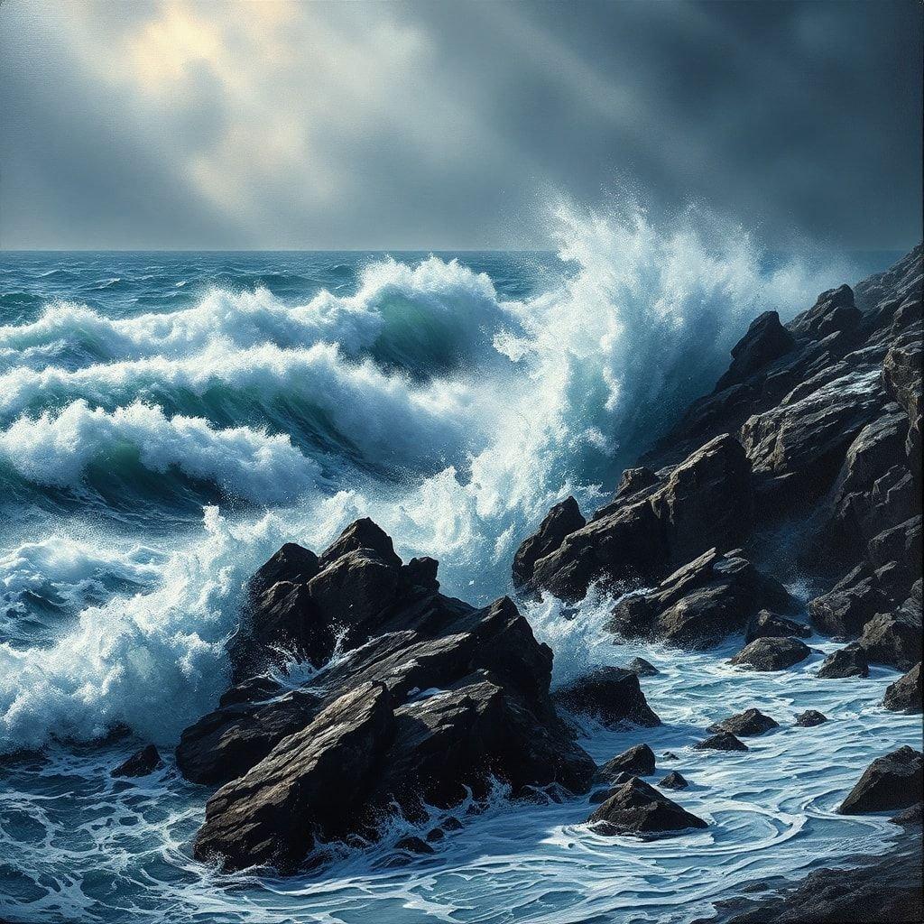 A dramatic seascape showing waves crashing against rocky shoreline. A powerful image capturing the raw power of nature.