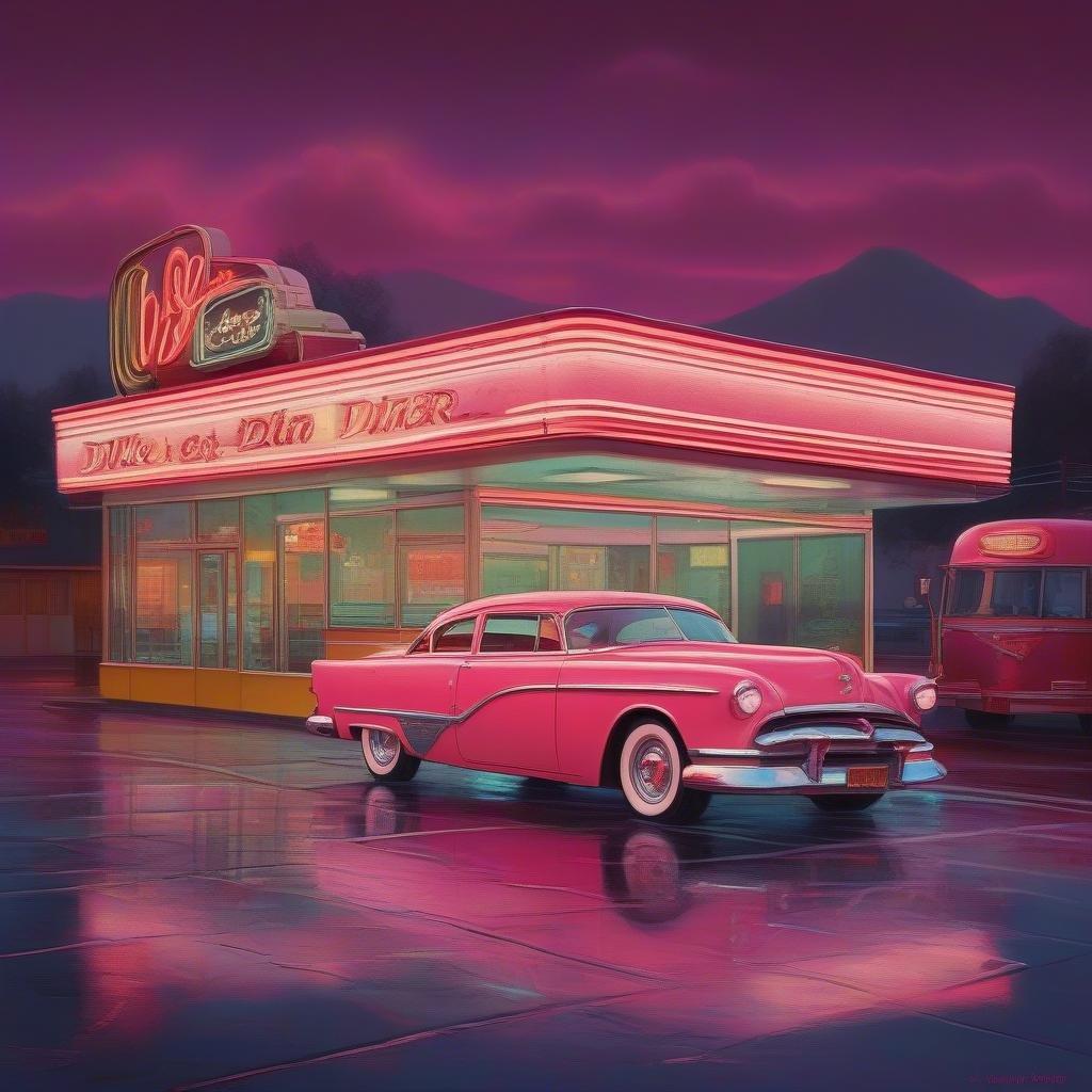 Una notte di pioggia in un classico diner degli anni '50, con un'auto d'epoca parcheggiata all'esterno e un'insegna al neon che brilla nel buio.