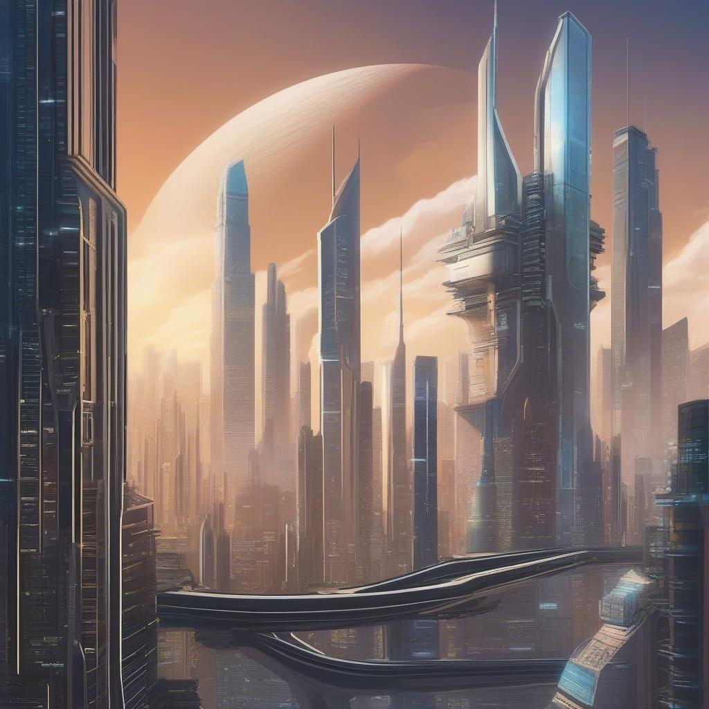 Denna bild är en fantastisk representation av ett futuristiskt stadsscenario, med höga skyskrapor och en mystisk mech-liknande hover i bakgrunden. De eleganta designen av byggnaderna och den futuristiska teknologin hos hovern skapar en känsla av förundran och spänning.