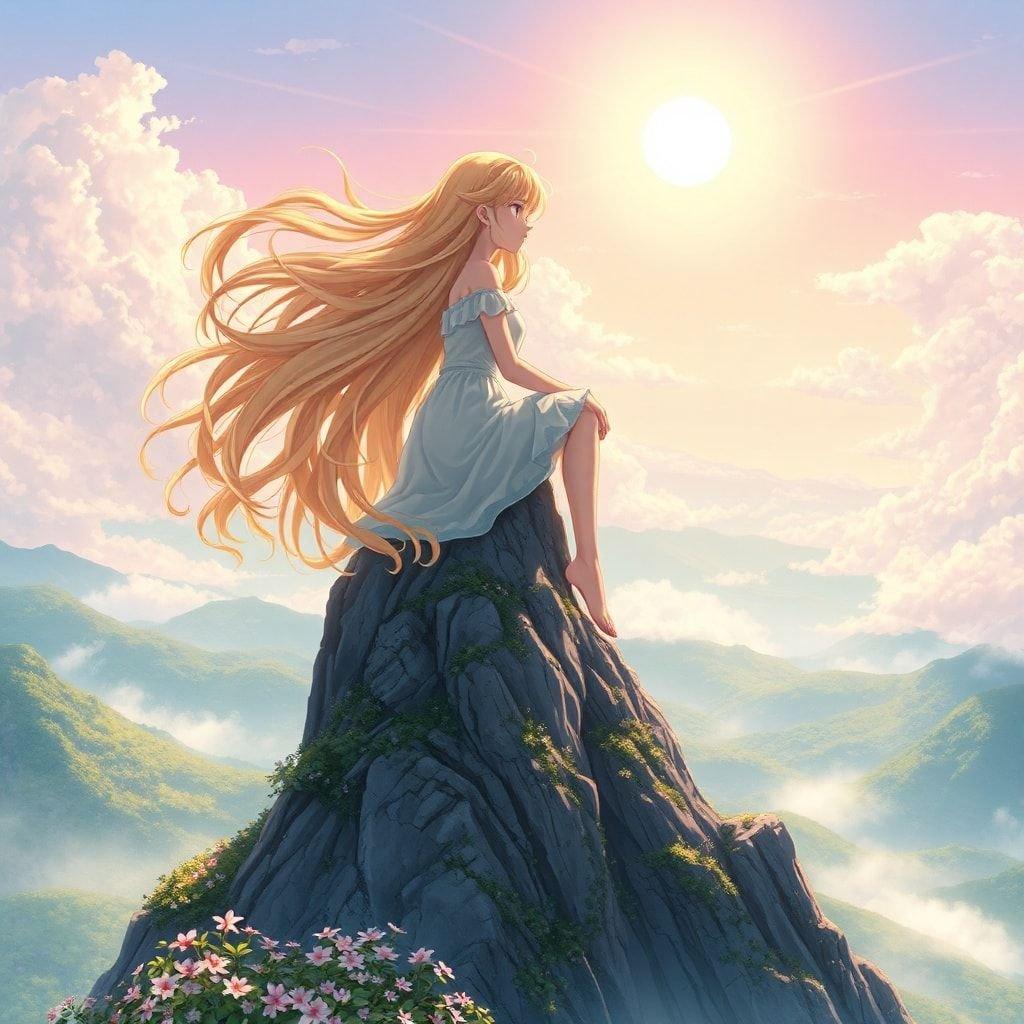 This dreamy wallpaper captures the essence of serene nature, featuring an anime girl with ethereal light hair sitting on a misty mountain peak. The vibrant colors and the enchanting atmosphere make it a perfect backdrop for your desktop or mobile device.