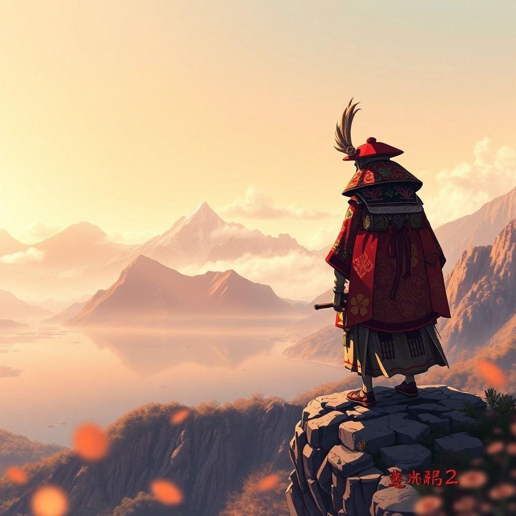 This anime-style wallpaper features a samurai standing on a cliff, overlooking a serene lake and majestic mountains in the background. The warm color palette and soft focus effect create a peaceful and dreamy atmosphere, perfect for desktop and mobile use.