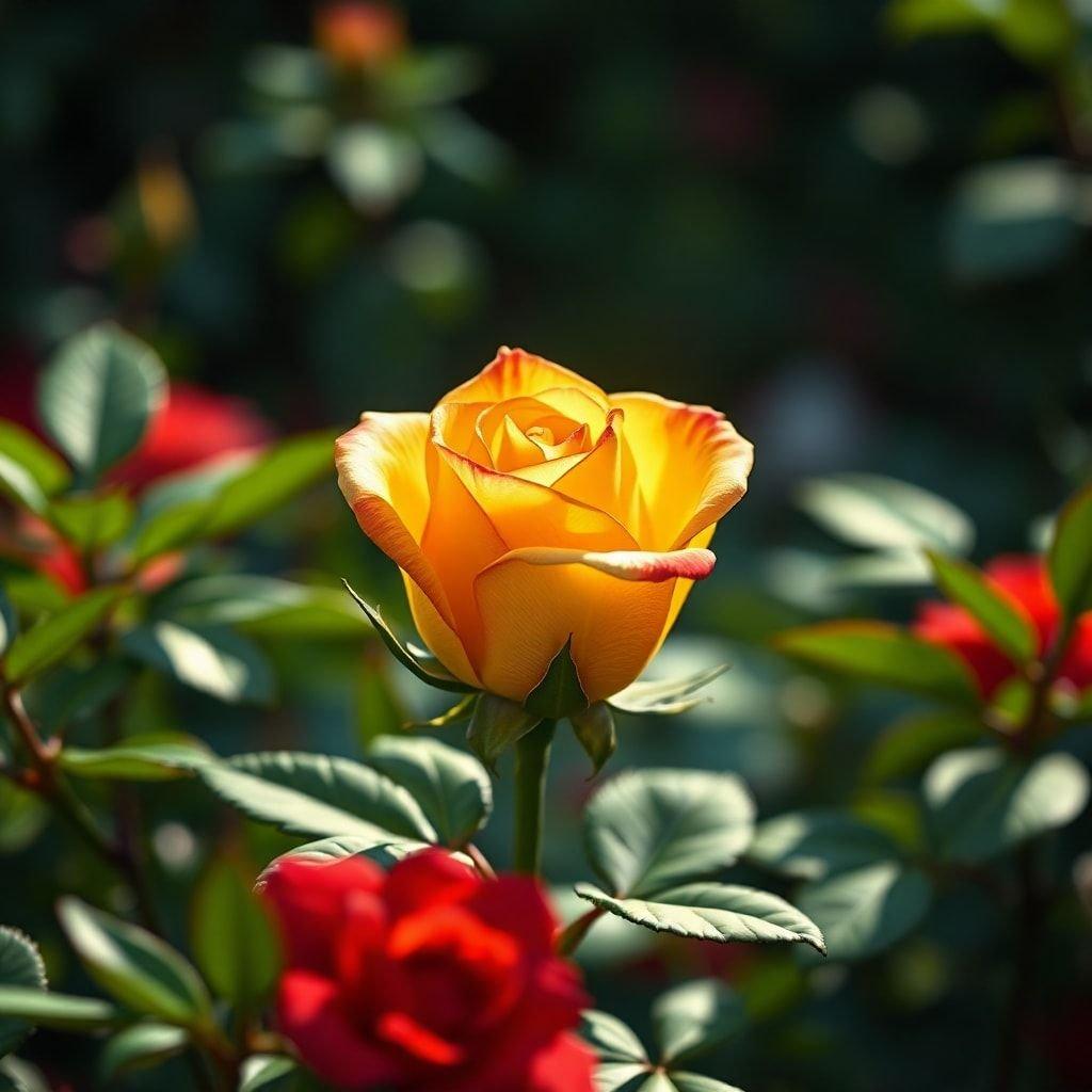 A beautiful graduation day celebration with a yellow rose in the center, surrounded by green leaves and a blurred background of a graduation ceremony.