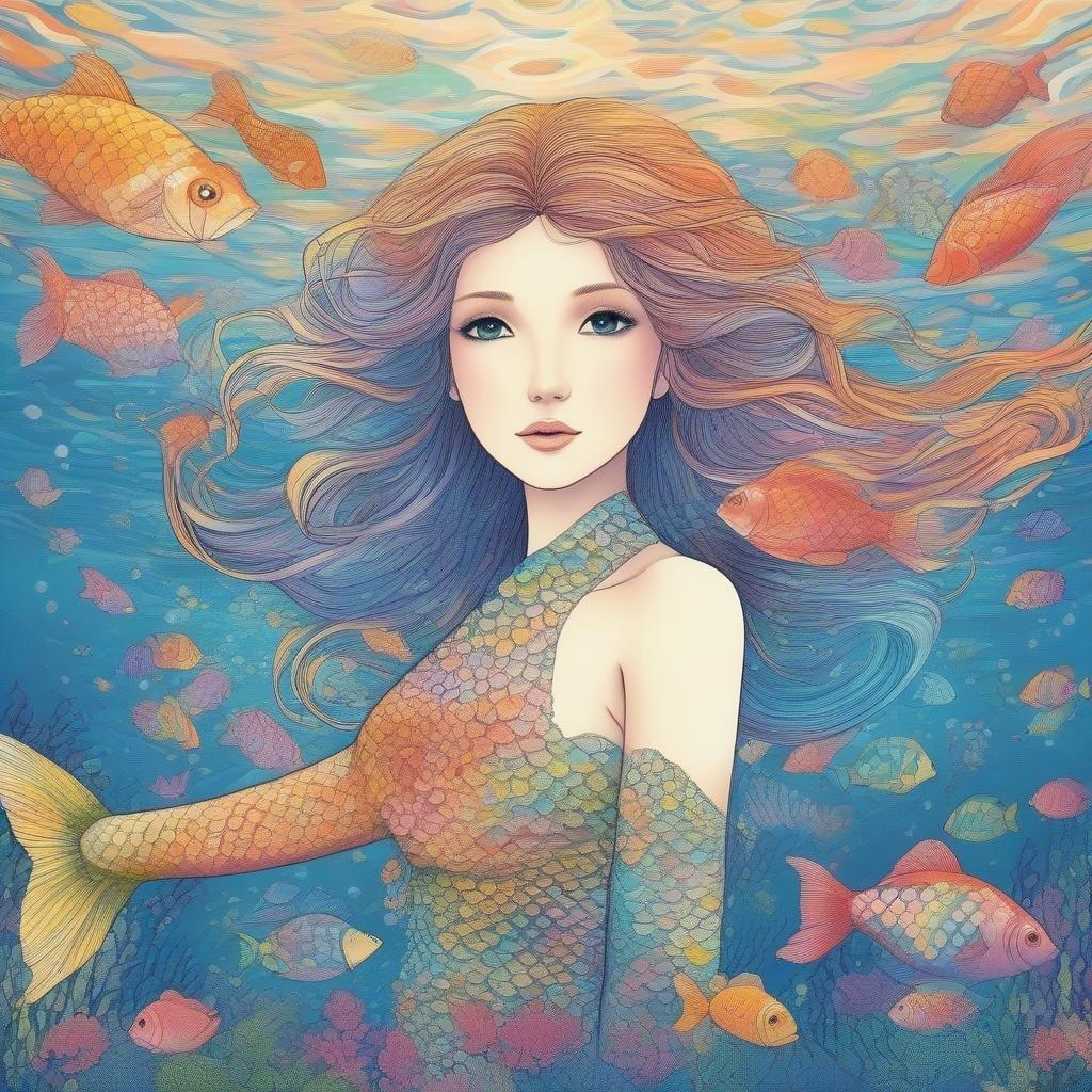 This stunning anime wallpaper features a delicate mermaid maiden surrounded by a school of colorful rainbow fish, creating a whimsical and tranquil underwater scene.